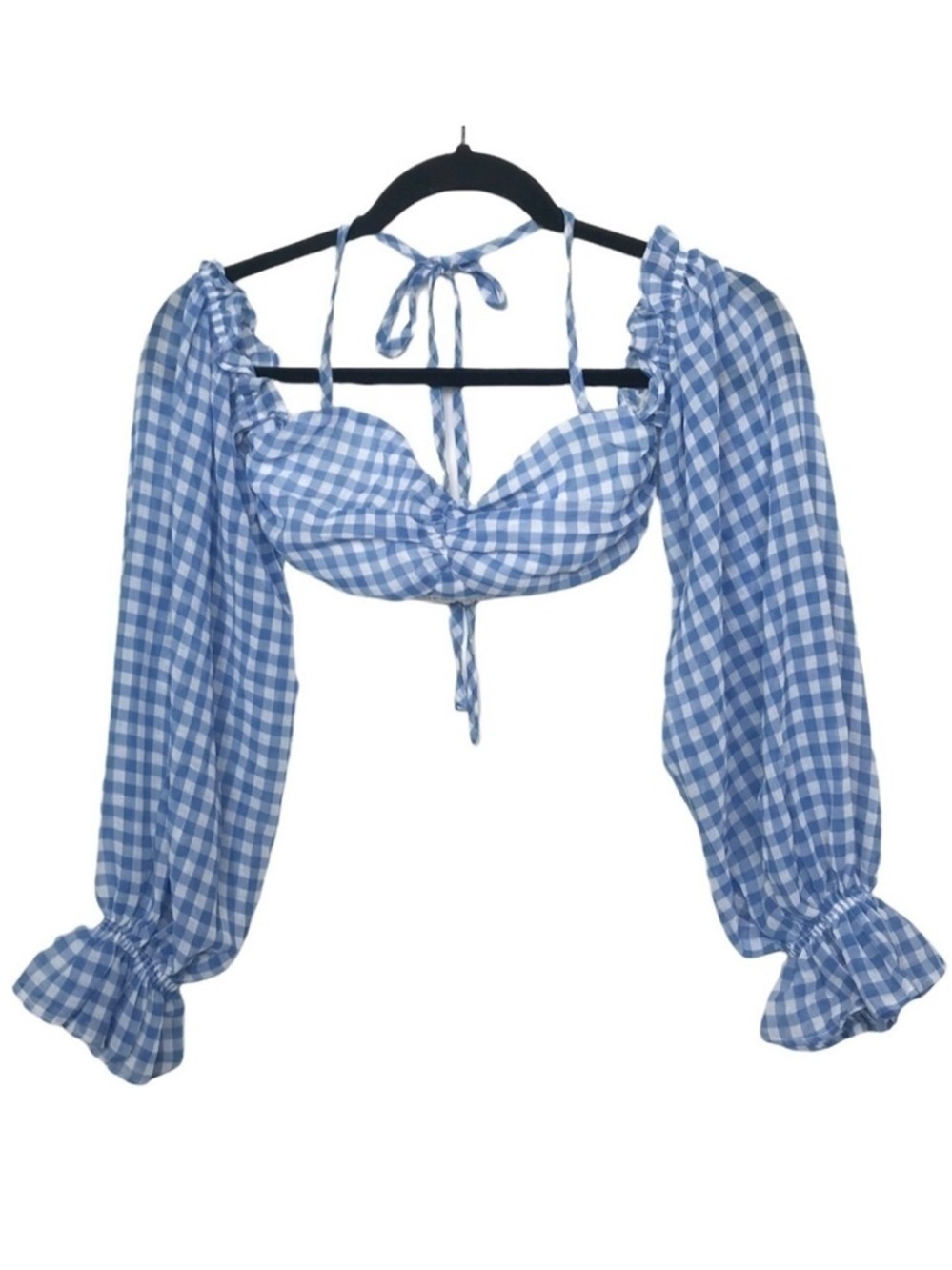 SHEIN X Hannah G Blue Gingham Plunging Neck Flounce Sleeve Top US 4 Small